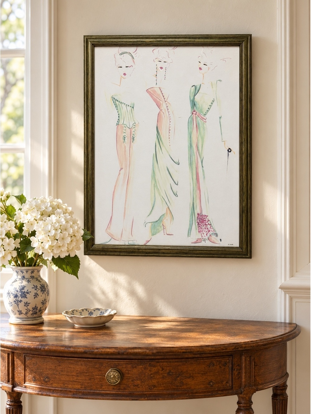 Original Watercolor Fashion Illustration Signed A Smith Three Women Framed Art
